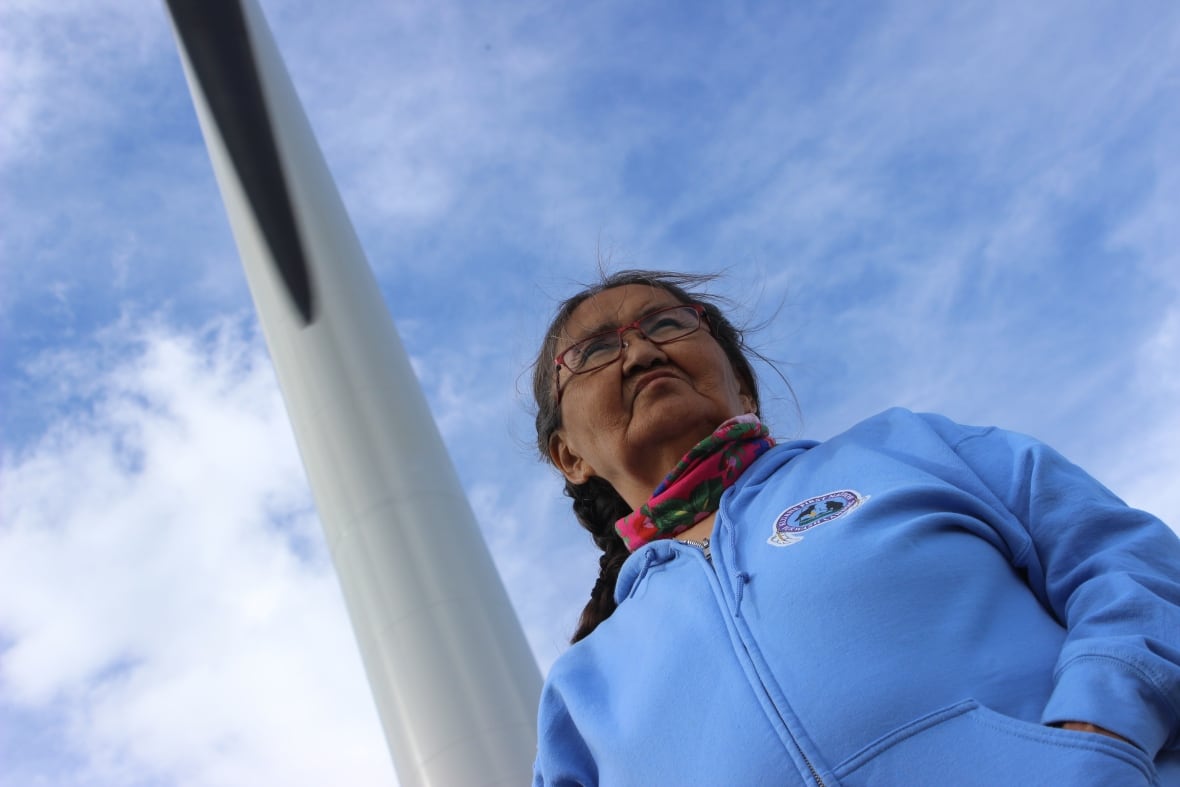 A woman stands in front of a turbine.