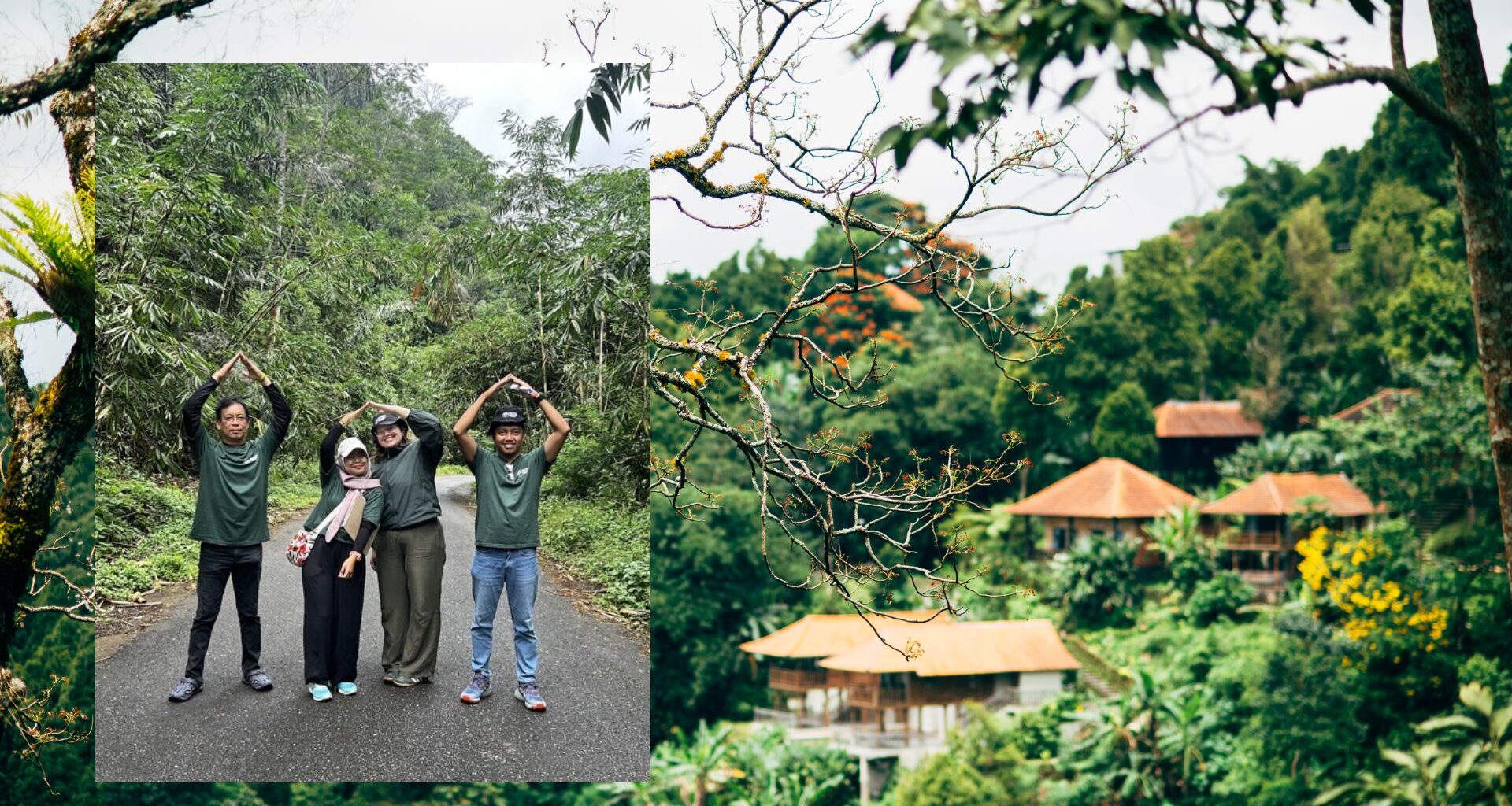 Anastasia stand with her 3 colleagues in Bamboo Village Trust (BVT), a Bali-based NGO on a dirt road in the forest.