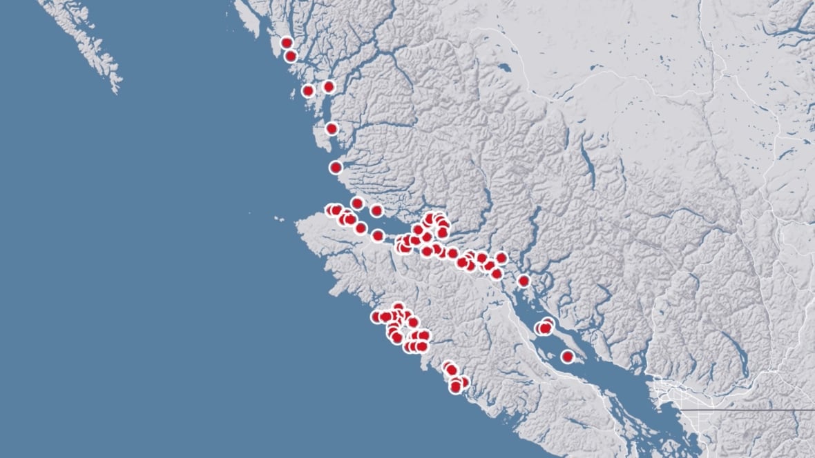 A map shows 77 red dots scattered around the west and northeast coasts of Vancouver Island, as well as along the B.C. central coast.