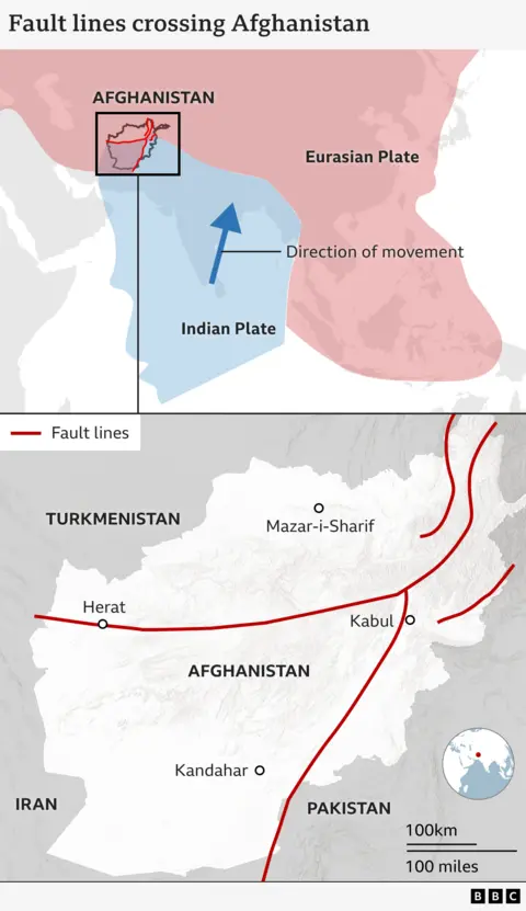 A map showing the fault lines crossing Afghanistan