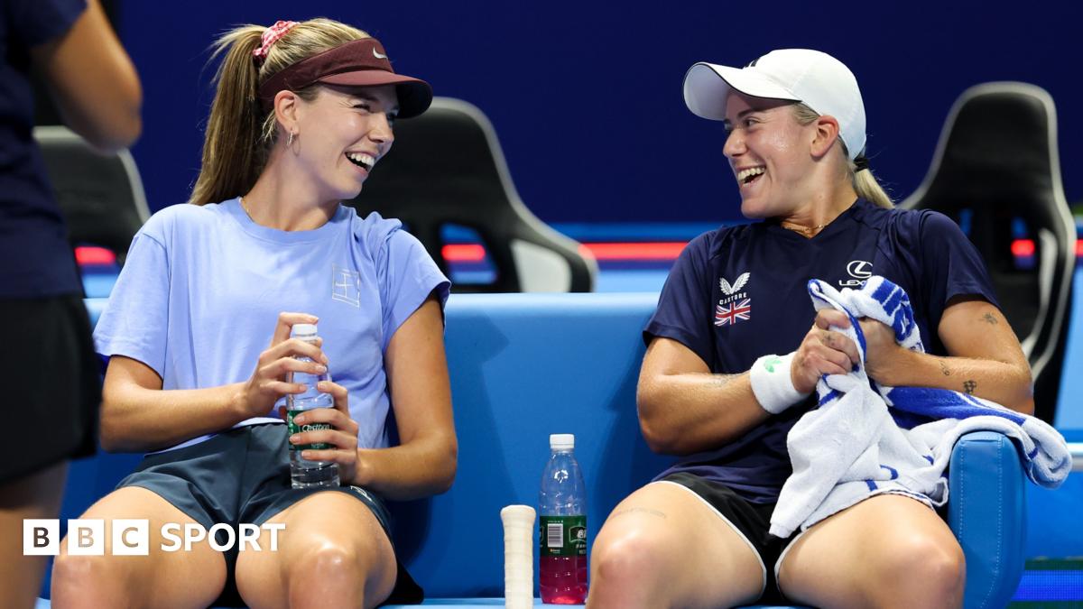 Katie Boulter and Sonay Kartal talk during a Billie Jean King Cup practice
