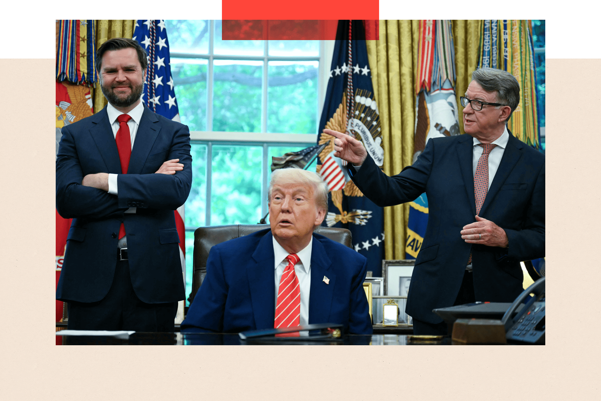 US President Donald Trump looks on as Lord Mandelson speaks during a trade announcement in the Oval Office of the White House in Washington, DC