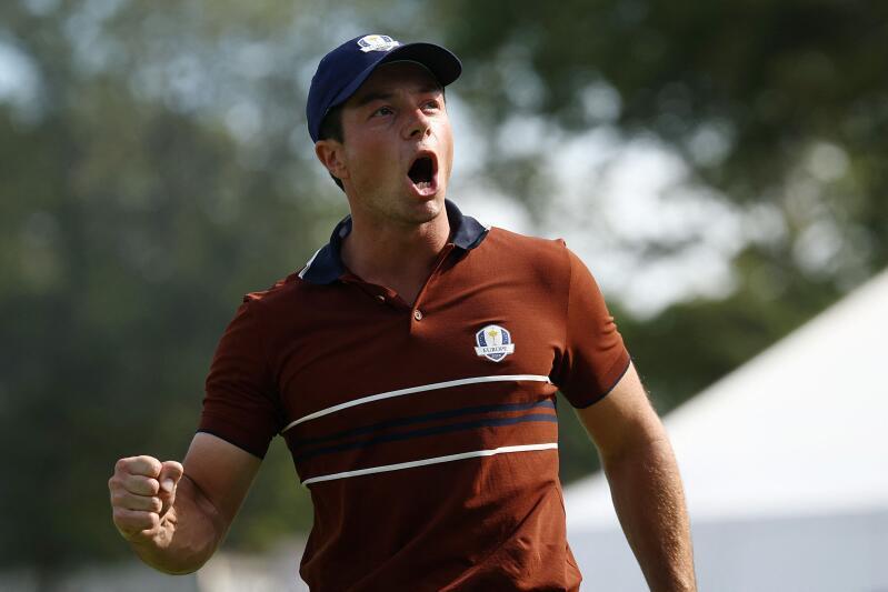 Viktor Hovland reacts after winning the 14th hole during the morning foursomes matches of the 2025 Ryder Cup on Sept 27, 2025.
