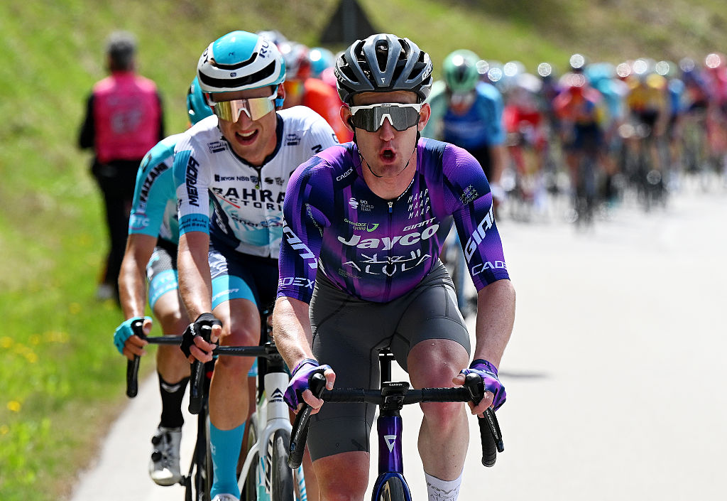 SAN LORENZO DORSINO, ITALY - APRIL 21: Eddie Dunbar of Ireland and Team Jayco AlUla competes during the 45th Tour of the Alps 2025, Stage 1 a 148.5km stage from San Lorenzo Dorsino to San Lorenzo Dorsino 731m / #UCIWT / on April 21, 2025 in San Lorenzo Dorsino, Italy. (Photo by Tim de Waele/Getty Images)