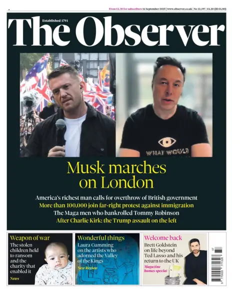 The headline on the front page of the Observer reads: "Musk marches on London". 