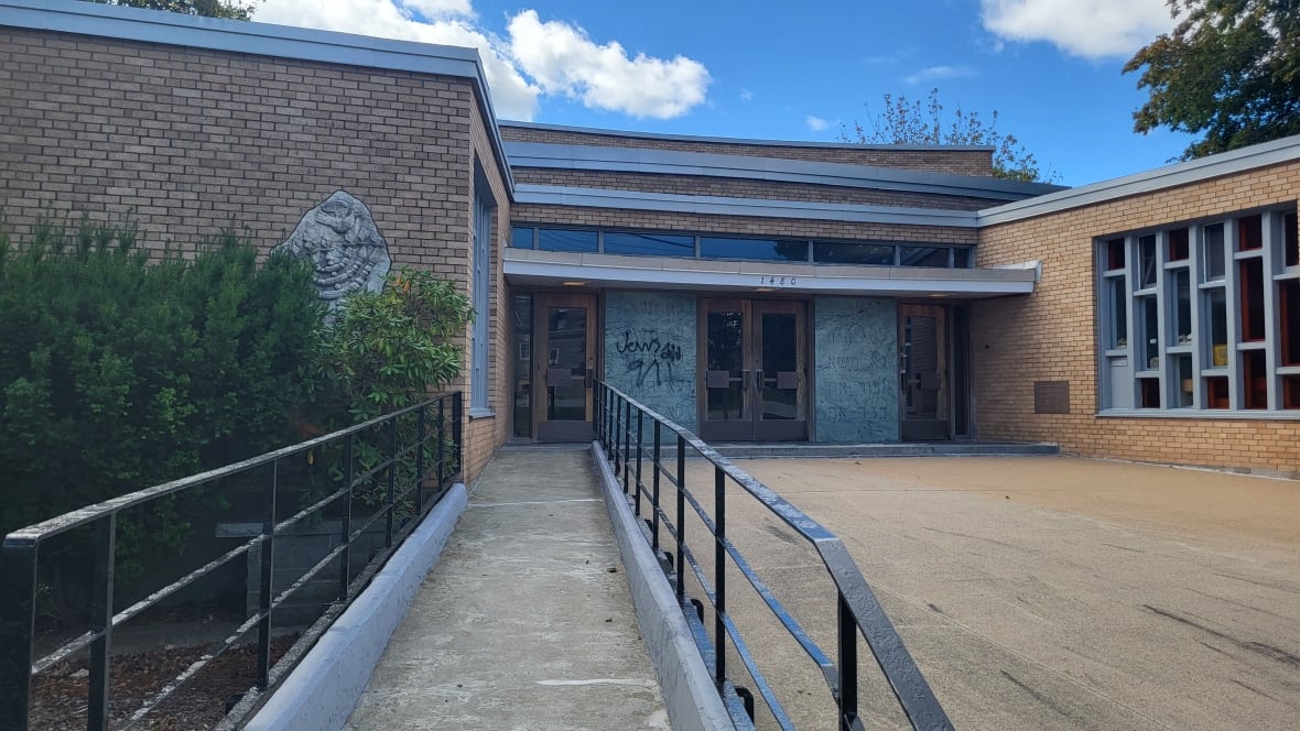 The exterior of a synagogue with spray paint graffiti is shown.