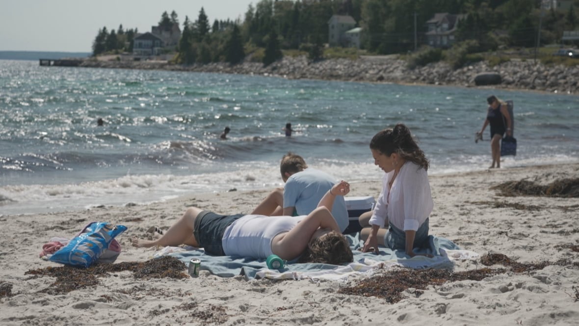 A woman sits on a blanket at the beach with two children. 