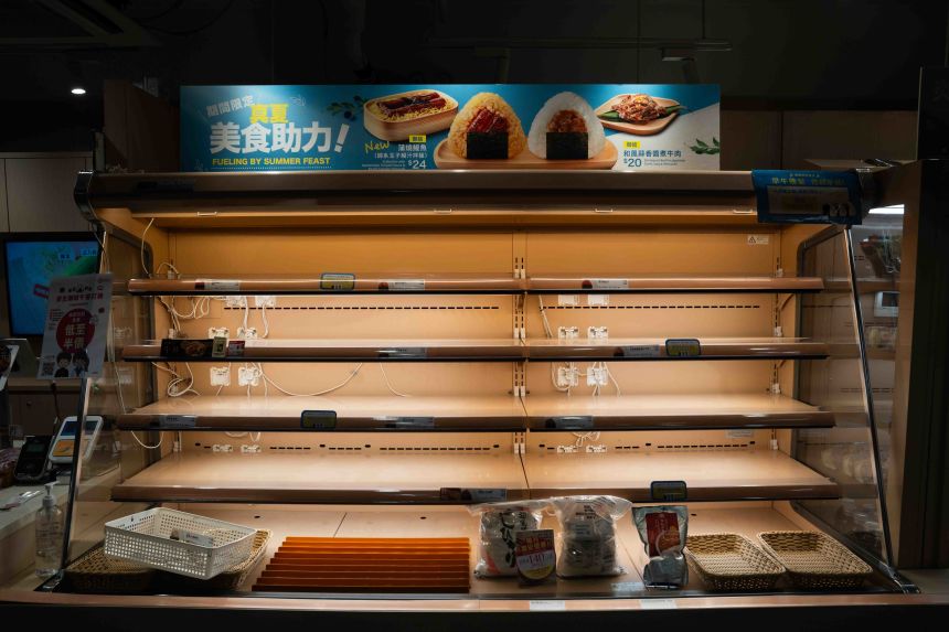 Empty shelves are seen at a onigiri shop ahead of the arrival of Typhoon Ragasa in Hong Kong on September 23, 2025. 