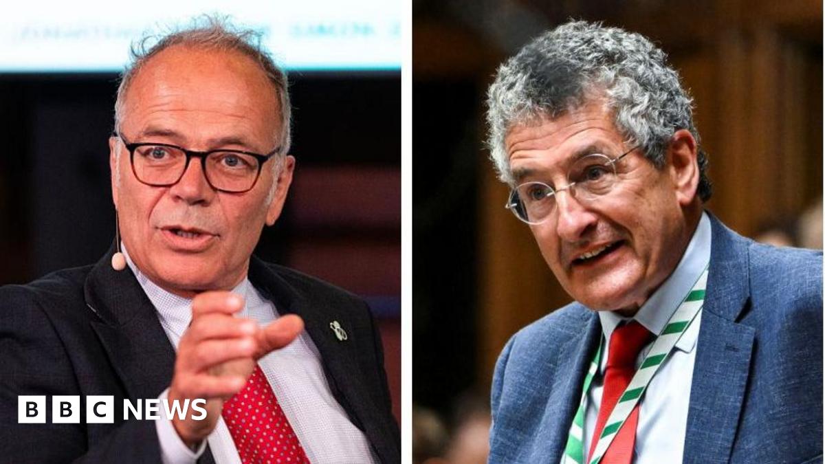 Two images side by side - one of Simon Opher wearing a black suit with a red tie. The other of Peter Prinsley, wearing a dark blue suit with a red time