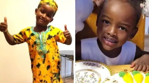 Facebook Two photos of young children side by side. Fares, a young boy, is pictured on the left wearing a yellow and black patterned outfit. He is smiling at the camera and holding two thumbs up. On the right is a picture of his sister Joury. She is sat at a table in front of plate. She is looking at the camera and smiling.