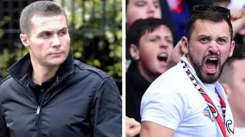Spindrift/ Getty Images Composite image of two men. Steven Lyons has cropped brown hair and is wearing a black jacket with the collar turned up. He is looking off to the left with a serious expression on his face. Ross McGill, who is wearing a tight white t-shirt and a red scarf, roars at a football match with a crowd in the background 