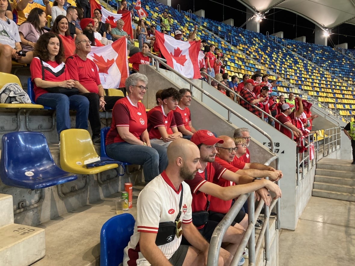 A group of fans sit in the stands.