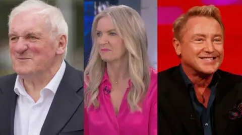 PA Media/RTÉ A composite photo of Bertie Ahern, Joanna Donnelly and Michael Flatley. Ahern is wearing a black blazer with white shirt and Donnelly is wearing a pink shirt. Flatley is wearing a black blazer and navy shirt.