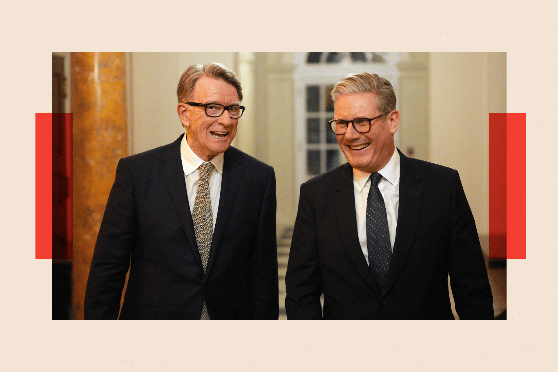 British Prime Minister Keir Starmer (R) talks with Lord Mandelson 
