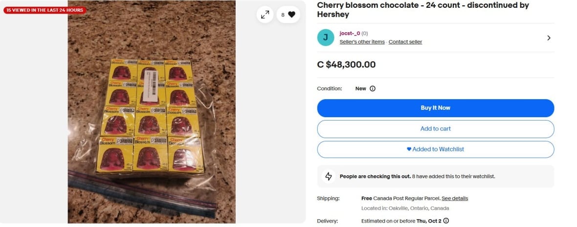 A screenshot from an eBay listing selling a 24-pack of Cherry Blossom candy for $48,300