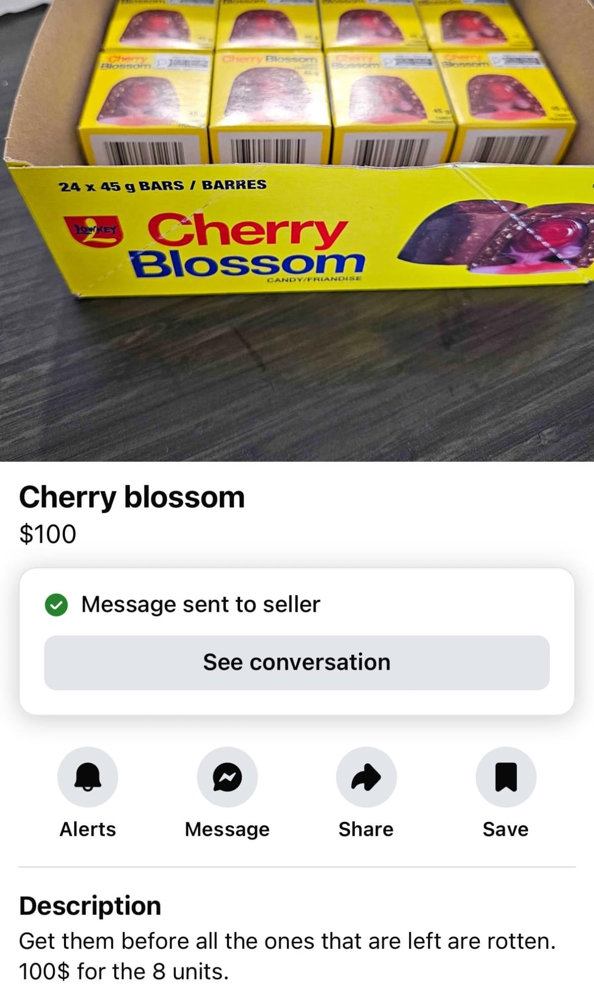 A screen grab of a listing on Facebook Marketplace from Sept. 24, 2025, asking for $100 for eight Cherry Blossom candies.