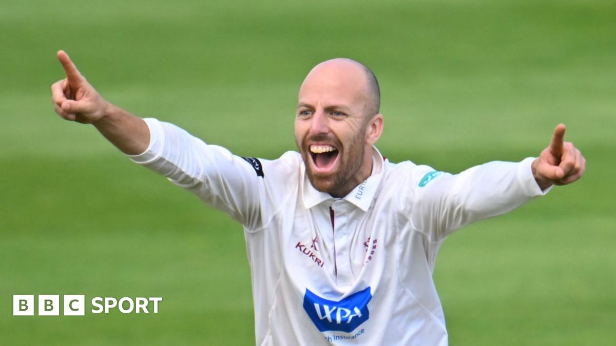 Jack Leach celebrates taking a wicket for Somerset