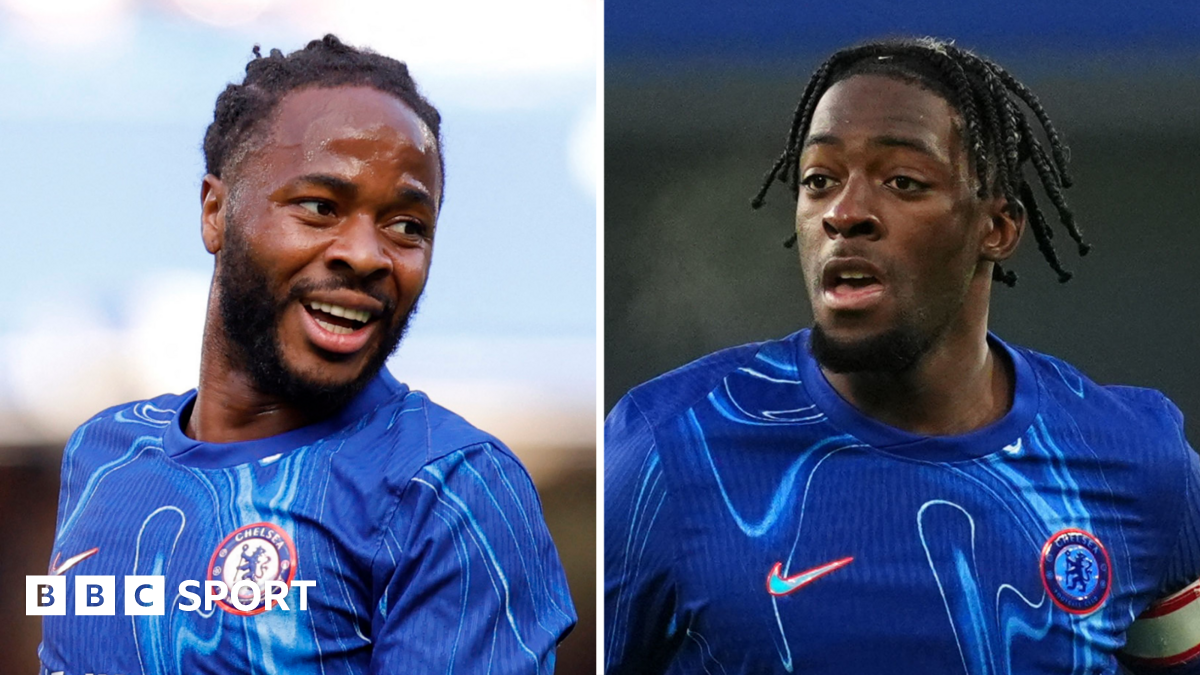 Split image of Raheem Sterling and Axel Disasi playing for Chelsea