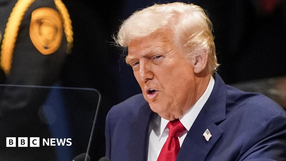 US president Donald Trump addresses the 80th United Nations General Assembly in New York City on 23 September 2025. He wears a blue suit and a rd tie.