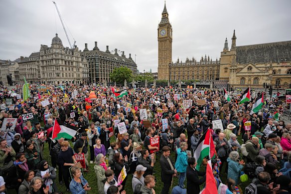 Protesters gather in London’s Parliament Square during a demonstration of the Stop Trump Coalition group.