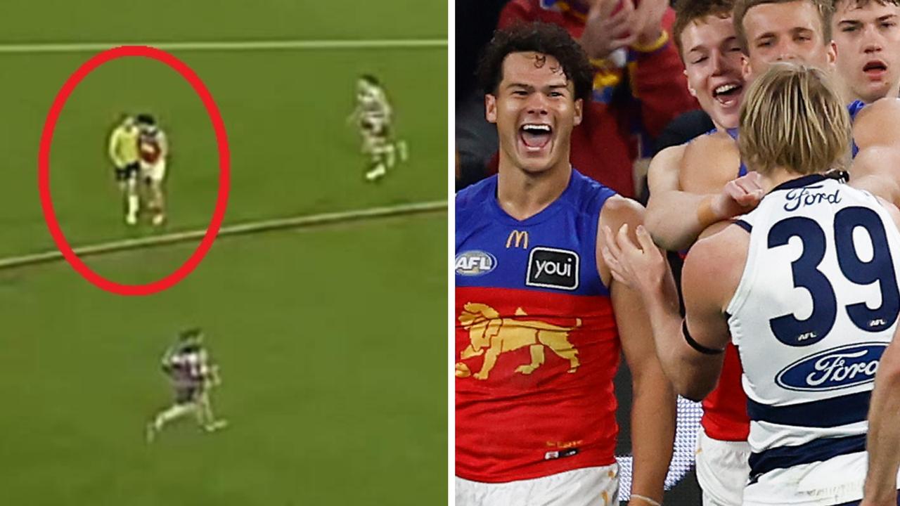 Cam Rayner double goal controversy, Brisbane vs Geelong, accused of intimidating umpire before soft free kicks, video, latest news