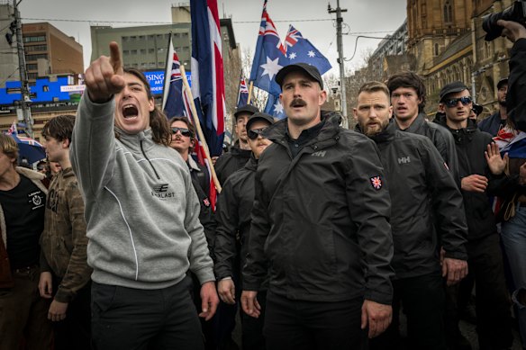 Far-right figure Thomas Sewell at the March for Australia rally on Sunday.