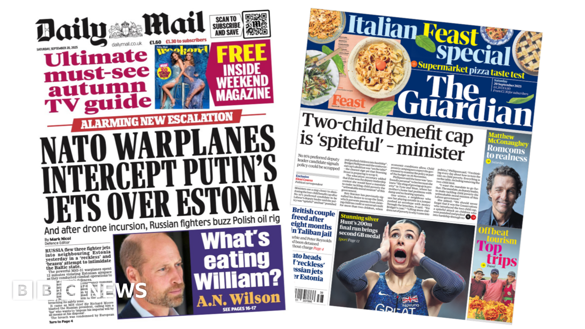 The headline on the front page of the Mail reads: “Nato warplanes intercept Putin's jets over Estonia”.