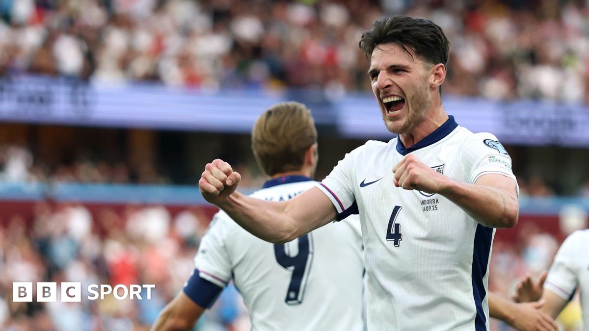 Declan Rice is contributed by England captain Harry Kane after heading the second goal against Andorra at Villa Park