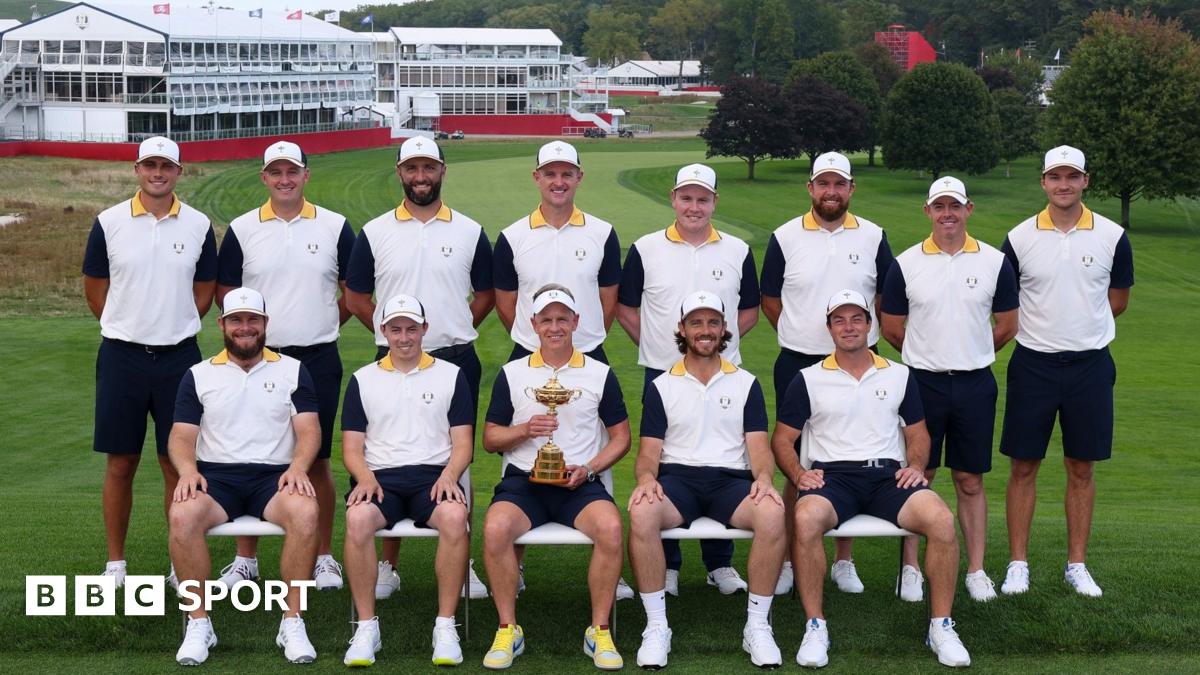 The Europe Ryder Cup team of Ludvig Aberg, Rasmus Hojgaard, Jon Rahm, Justin Rose, Robert MacIntyre, Shane Lowry, Rory McIlroy, Sepp Straka, Tyrrell Hatton, Matt Fitzpatrick, Tommy Fleetwood and Viktor Hovland pictured with captain Luke Donald holding the Ryder Cup trophy at Bethpage Black