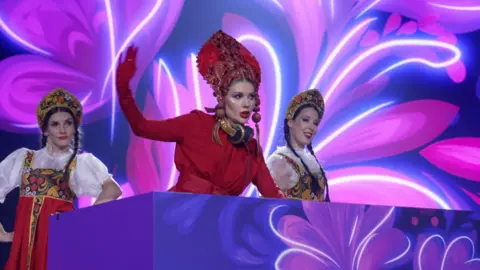 Traditionally dressed Russians perform at a rehearsal for Intervision