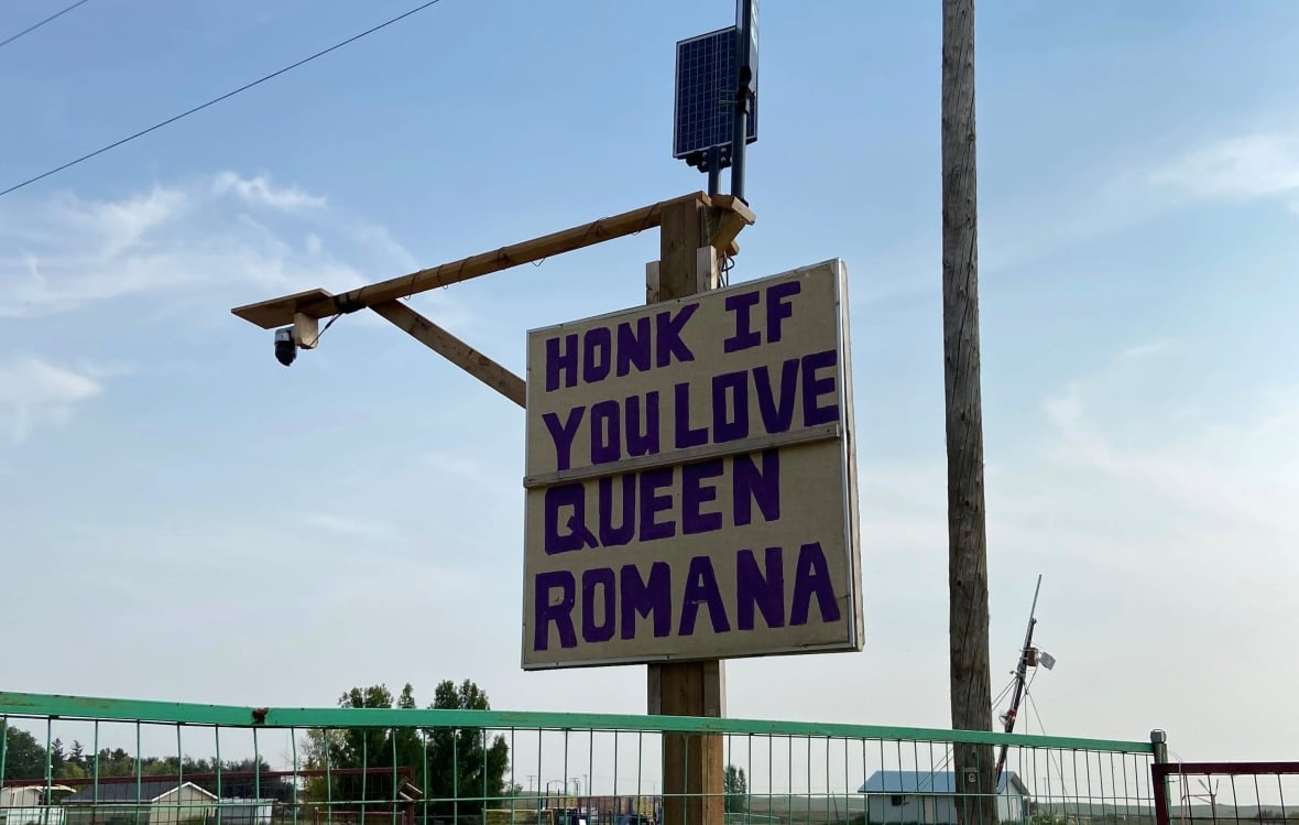A large sign that reads "honk if you love Queen Romana" sits above a green fence.