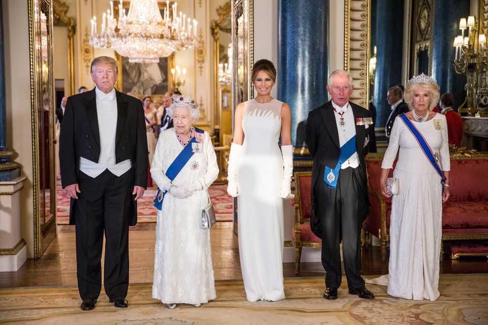 US President Donald Trump, Queen Elizabeth II, Melania Trump, the then Prince of Wales and the then Duchess of Cornwall, during a group photo ahead of a State Banquet in 2019 at Buckingham Palace, London. Jeff Gilbert/Daily Telegraph/PA Wire