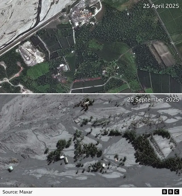 Satellite imagery from 25 April show fields, trees and small buildings next to the riverbank (top) which were washed away in the flood (bottom)