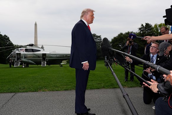 Donald Trump speaks to journalists during his testy confrontation with the ABC’s John Lyons on Wednesday.