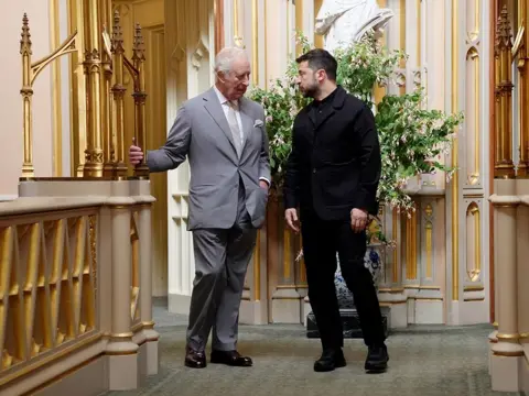 Jonathan Brady/Getty Images King Charles III holds an audience with Ukrainian President Volodymyr Zelensky at Windsor Castle, Berkshire on June 23, 2025 in Windsor, England. 