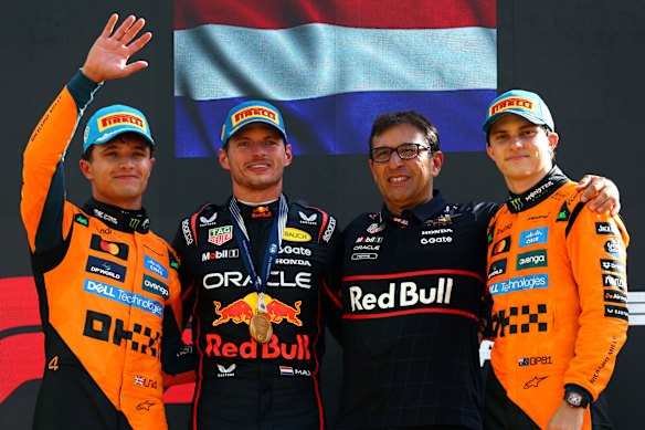 Lando Norris, Max Verstappen and Oscar Piastri on the Italian Grand Prix podium
