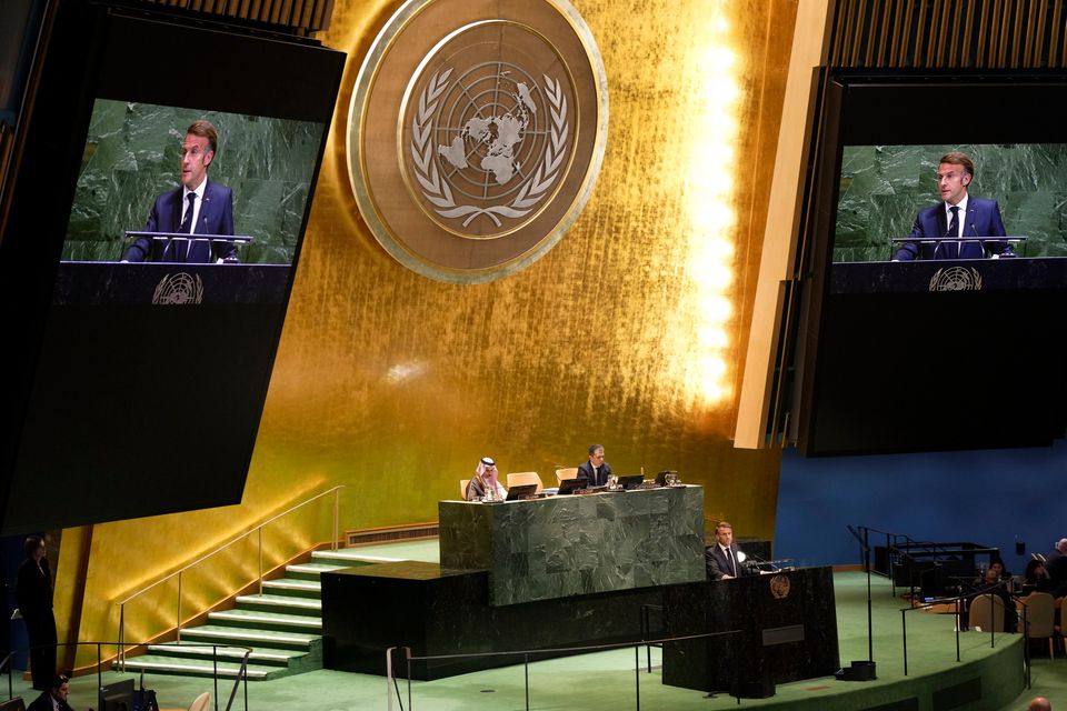 French President Emmanuel Macron speaks during a high-profile meeting at the United Nations aimed at galvanizing support for a two-state solution to the Israeli-Palestinian conflict Monday, Sept. 22, 2025, at UN headquarters. (AP Photo/Angelina Katsanis)