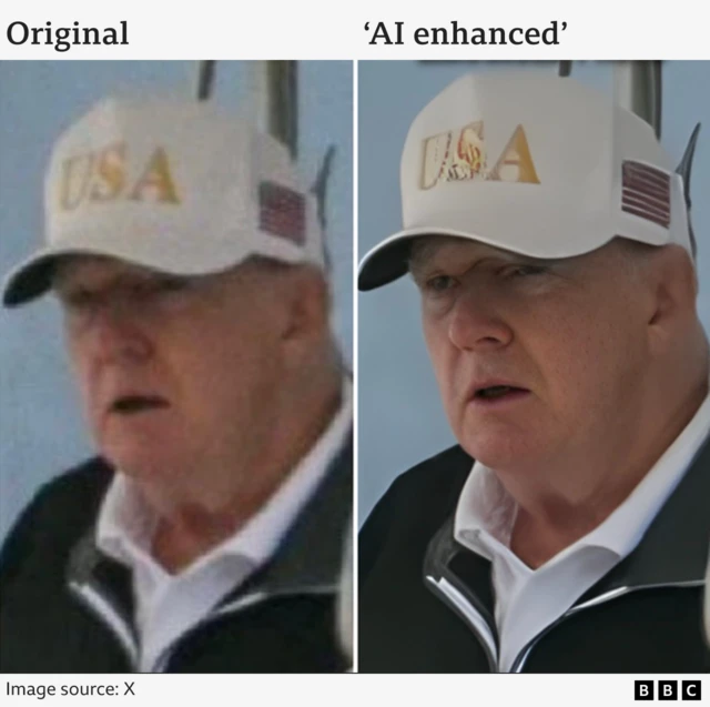 A comparison of the original picture of Trump alongside the 'AI enhanced' version