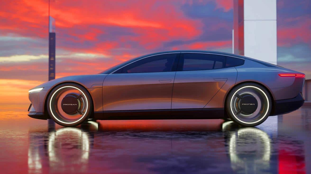 Illustration of in-wheel motor technology enhancing electric vehicle performance and affordability.