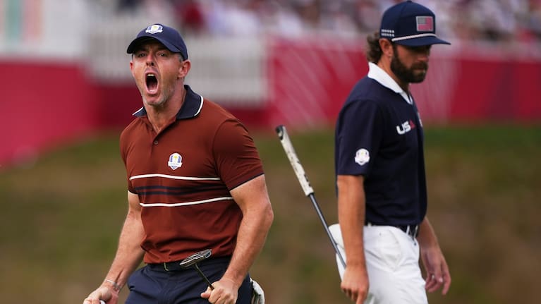 Europe's Rory McIlroy reacts after match win at the Ryder Cup golf tournament.