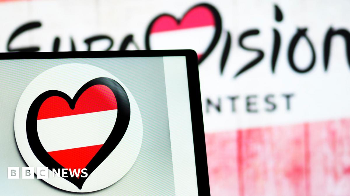 A Eurovision 2026 logo on a screen bearing an Austrian flag