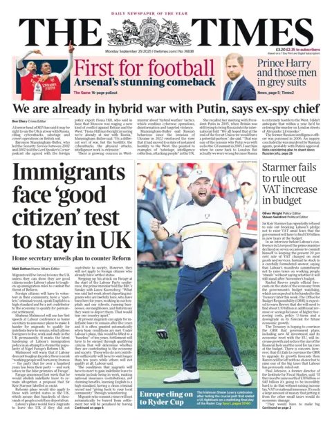 The headline on the front page of the Times reads: "Immigrants face 'good citizen' test to stay in the UK."