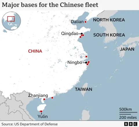 A map showing major bases for Chinese fleet.