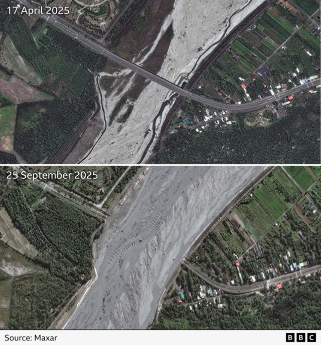 Annotated satellite imagery showing the bridge on 17 April 2025 (top) and it washed away in imagery from 25 September (bottom)