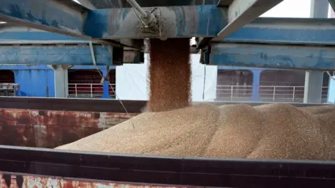 EPA A truck is loaded with wheat from a Russian-flagged ship in the port of Tartous, Syria