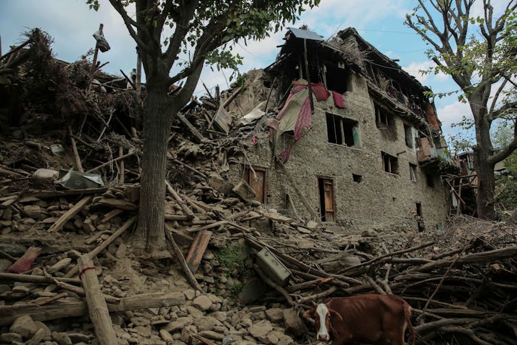 A collapsed mudbrick building.