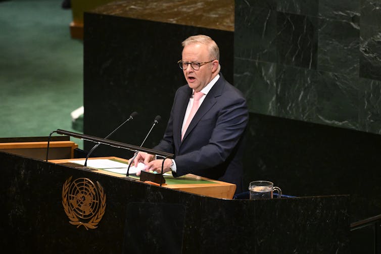 Anthony Albanese speaks at a United Nations lectern.