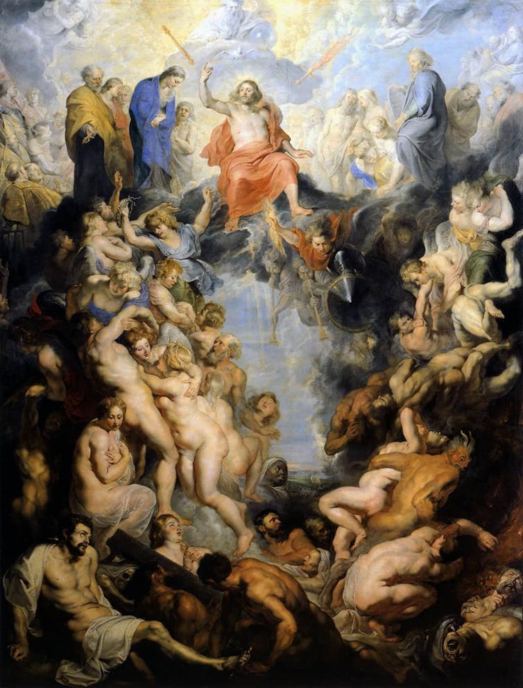 God at the top centre and Jesus below him.  Rising up the left-hand side of the painting are the blessed, the damned fall into hell on the right-hand side.