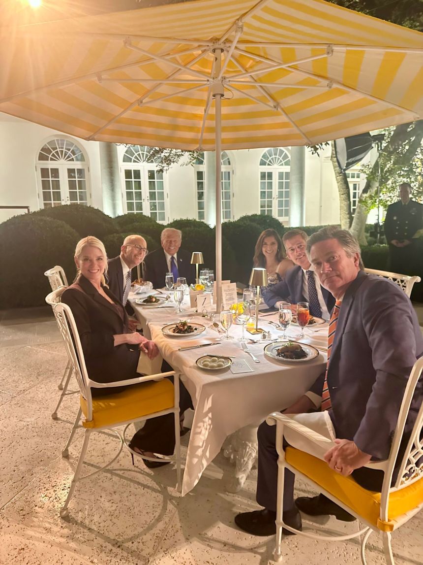 In this image posted to X by Rachel Campos-Duffy on September 24, 2025, President Donald Trump has dinner with Attorney General Pam Bondi and others outside the White House.