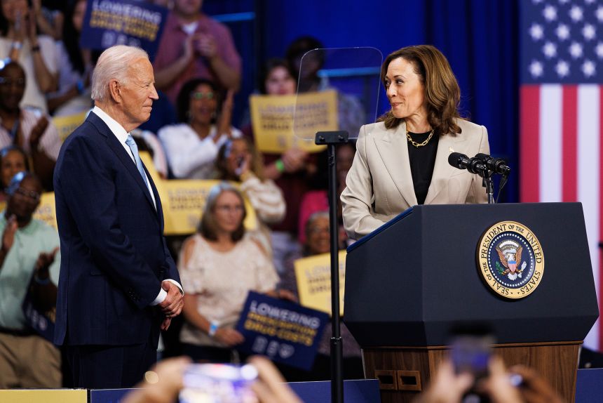 Joe Biden, left, and Kamala Harris during an event in Upper Marlboro, Maryland, on Thursday, Aug. 15, 2024. Biden returned to the campaign trail a month after ending his reelection bid and endorsing Harris.